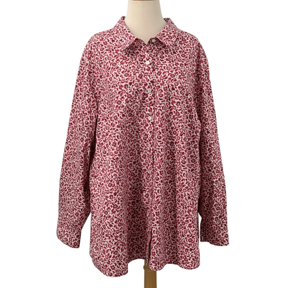 Lands End No Iron Supima Shirt Long Sleeve Button Down Red/White Floral Size 26W